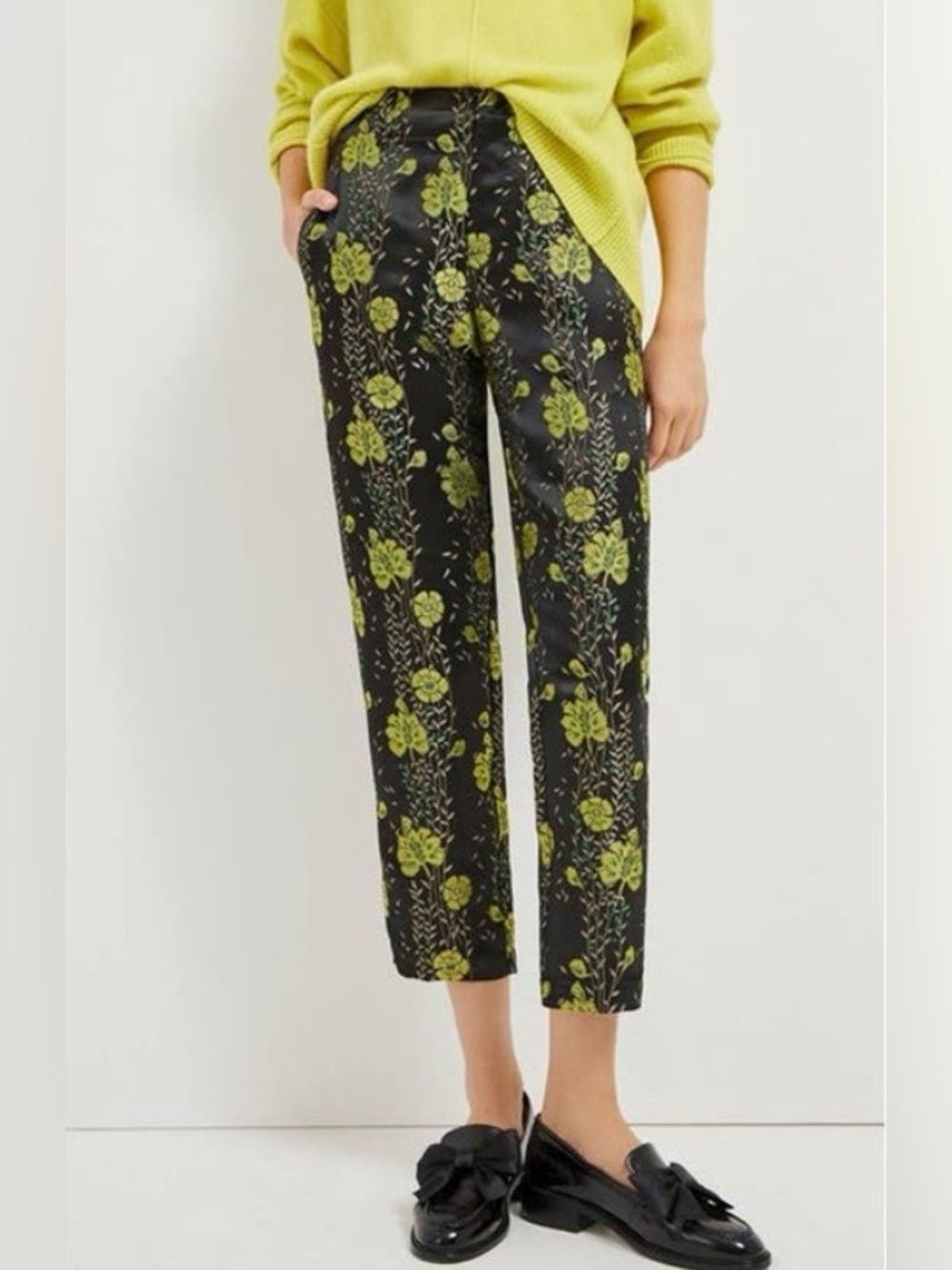 NWT Anthropologie SCOTCH & SODA Cropped Floral Jacquard Pants in Black & Green